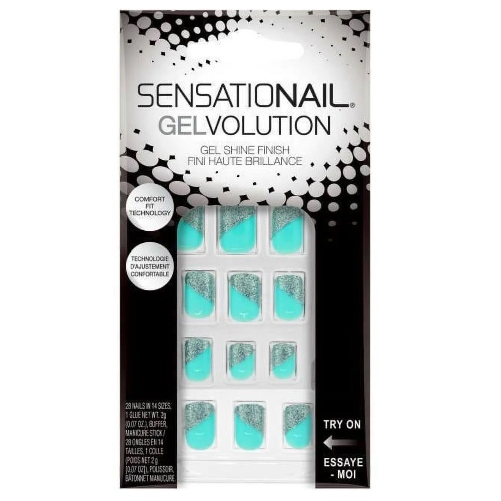 Sensationail Gelvolution Aqua Shine 72134 Press On Nails Teal Silver Glitter 28c